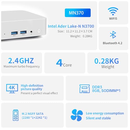 Image of Mini PC (4C /4T) 8GB RAM 256GB SSD Support 2T desktop computers windows /WiFi /BT /DC /RJ45 LAN 1000M /USB*4 /USB-C*2 /HDMI*2 4K Dual Display 2.4G /5G WiFi & BT4.2 Mini Desktop Computer Home Office (N3700)