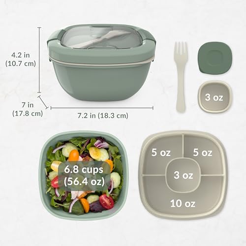 Bentgo Salad Container - 54 oz Bowl with 4-Compartment Toppings Tray, Leak-Proof Dressing Container, Reusable Fork, BPA-Free Lunch Box for Meal Prep & Food Storage; Removable Bento Tray (Khaki Green)