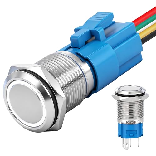 TOKCKYBL 16mm Latching Push Button Switch 12V DC, IP65 Waterproof ON/Off Silver Shell with LED Angel Eye Head, 0.63" Mounting Hole, Self-Locking with Wire Socket Plug for Car, Marine, Industrial