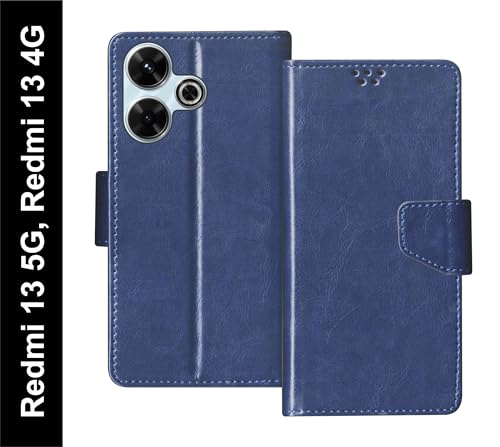 Image of SBMS Flip Cover for Redmi 13 5G / Redmi 13 4G Back Cover Case with Magnatic Closure | Inbuilt Stand | Card & Money Pocket (Blue)