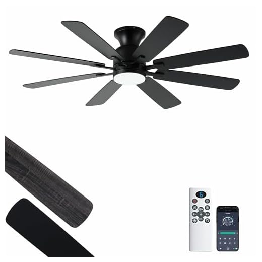 KNUN 52 Inch Ceiling Fan - Low Profile Ceiling Fans with Lights and Remote/APP Control, 6-speed, 3CCT, Flush Mount Ceiling Fans with 8 Reversible Silent Blades for Bedroom Living Room Patios (Black)