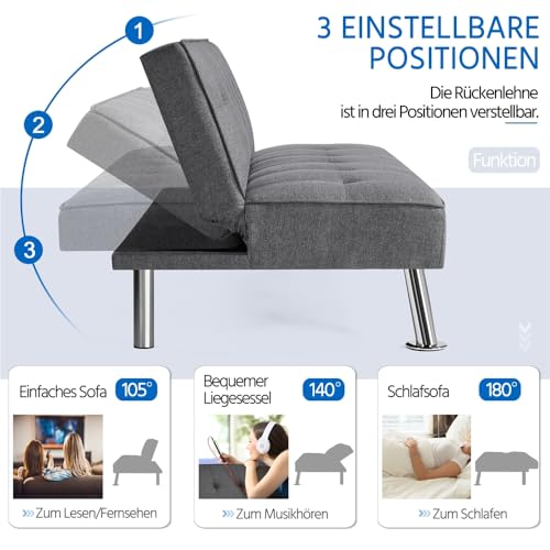 Yaheetech Schlafsofa mit Liegefläche 166,5 cm L × 92 cm B Bettsofa bis 350 kg Belastbar Schlafcouch für Wohnzimmer/Schlafzimmer/Gästezimmer grau