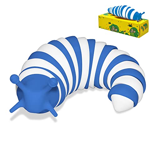 3D Printed Articulated Slug Toy, Flexible Fidget Toy, Fidget Slug for Relaxing, Friendly Slug Fidget Toy, 7.5 Inch Hand Sensory Toy & Easter Basket Toy (White-Blue)