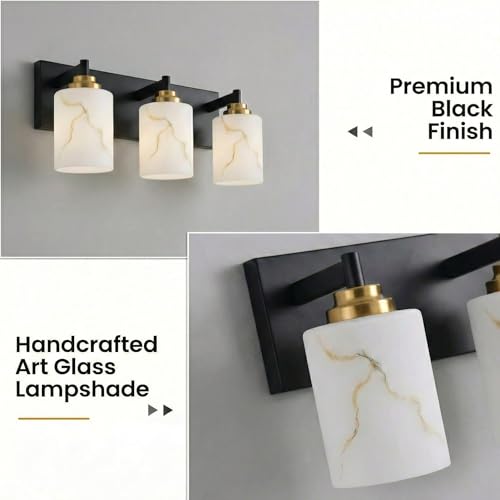Image of 3-Light Bathroom Light Fixture, Black and Gold Modern Vanity Light with White Marble Glass Shade, for Bathroom Mirror, Living Room, Bedroom, Hallway, E26 Base, Extended Base