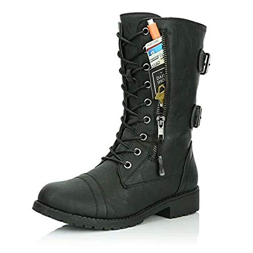 Frolada Ritter Stiefel Schuhe Kampf Damen Armee Militärstiefel Herbst Winter Mode Frauen Nähen Seite Reißverschluss Flache Stiefel Mit Dickem Absatz Schwarz 43 Cover