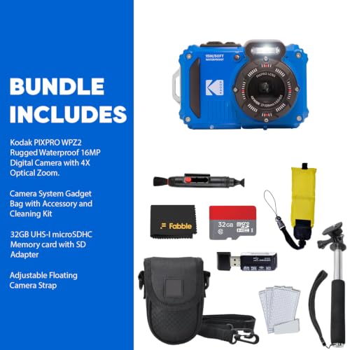 Image of Kodak PIXPRO WPZ2 Rugged Waterproof Shockproof Digital Camera 16MP 4X Optical Zoom 1080P Full HD Video, 2.7 LCD (Blue), 32GB SD Card, Black Compact Camera Case, Floating Strap, Bundle (7 Items)