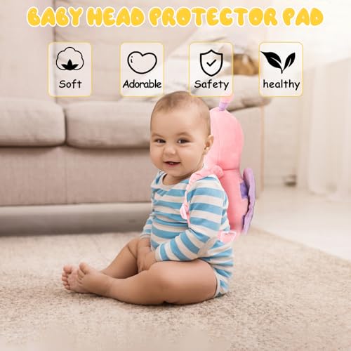 Baby Head Protection Backpack - Soft & Comfortable, Cute Cartoon Design, Pink Butterfly - Thumbnail 4
