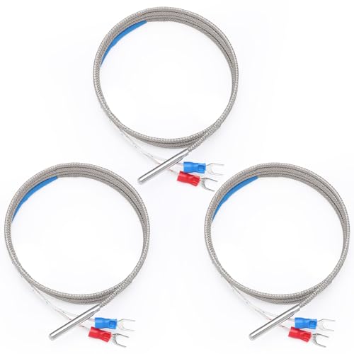 DROK High Temperature Resistant K Type Thermocouple Probe - 3pcs Metal Wrapped Type K Thermocouple with Silver Spade Terminal for PID Temperature Controller Measure Range 32-1112F (0-600C) 1 Meter