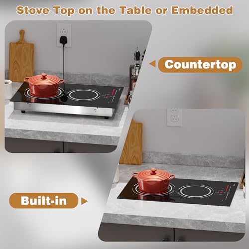 Disaenvir Electric Cooktop in Ceramic Dual Ring, 2 Burner Plug in Portable Electric Hob 2800W, 30cm Built-in & Countertop Stove Top with Extended Zone, Slide Control & Touch Control, Safety Lock - Image 9
