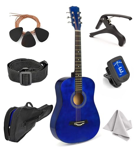 Left Handed Acoustic Guitar For Kids By MasterPlay- 30” Beginner Guitar For Learners- Accoustic String Starter Kit: Guitar Bag, Tuner, Strap, Extra Strings, Picks, Wash Cloth, Capo (Blua)