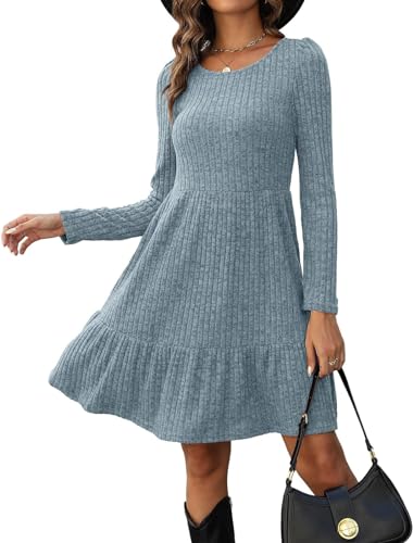 Image of Zetieny Dress for Women Long Sleeve Jumper Dresses UK Knitted Round Neck Tunic Dress Casual A Line Elegant Sweater Dresses Autumn Winter Blue
