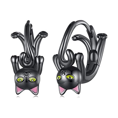 Sterling Silver Earrings VOROCO Cubic Zirconia White Gold Plated Colorful Huggie Small Hoop Earrings, Cute Butterfly Cat Hypoallergenic Earring For Women Jewelry Gifts (Black Cat) Cover