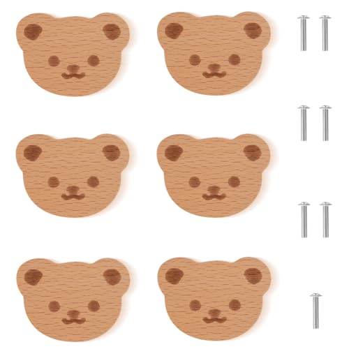 HIQE-FL Pomos de Madera,6 Piezas Manija de Muebles de Madera para Animales,Tiradores para Cajones Madera,Pomo Madera Tiradores de Muebles,Perillas de Madera