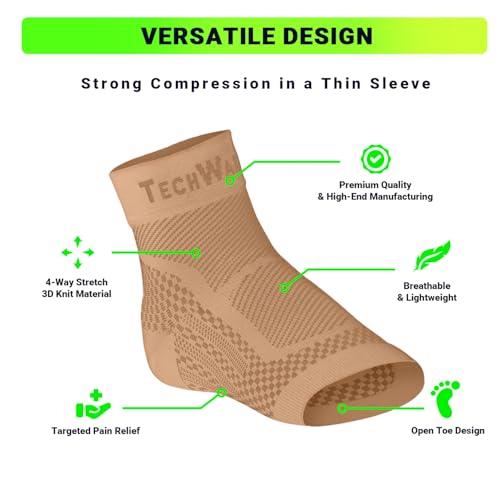 TechWare Pro Ankle Brace Compression Sleeve - Relieves Achilles Tendonitis, Joint Pain. Plantar Fasciitis Foot Sock with Arch Support Reduces Swelling & Heel Spur Pain. (Beige, XXL)