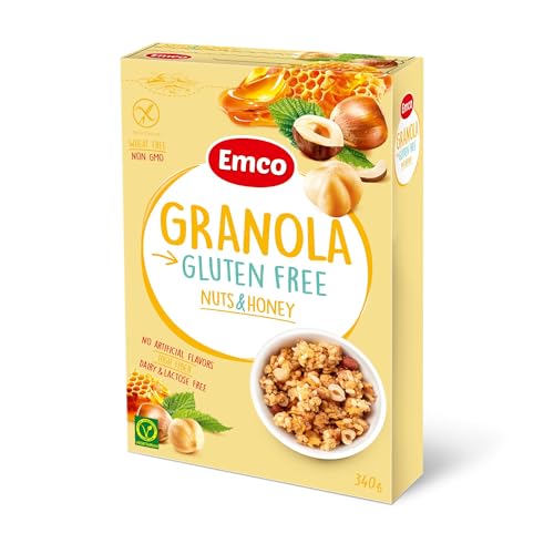 Emco - Granola con Avellanas y Miel sin Gluten - 340 g - Alto Contenido en Fibra - Mejora la Salud Intestinal - Ideal para el Desayuno - Apto para Veganos