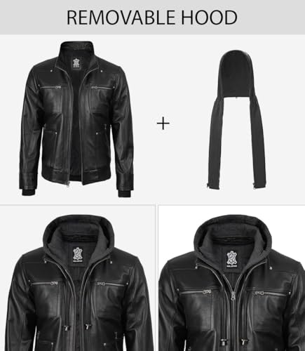 Image of fjackets Disc Hooded Leather Jackets for Men With Removable Hood - Mens Black Bomber Jacket | [1105184] Jeffery Blk, L