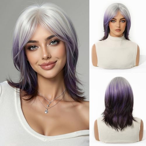 Perruque violette ombrée thermorésistante à frange rideau effet naturel