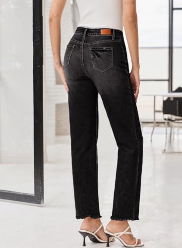Sidefeel Women's High Waisted Boyfriend Jeans Trendy Ripped Straight Leg Raw Hem Stretchy Ankle Denim Pants2