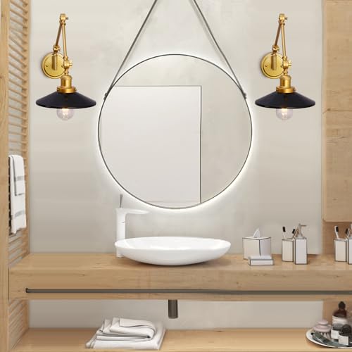 Image of Swing Arm Wall Lamp Plug In, Set of 2 Modern Gold Cordless Wall Sconce For Bedroom Bedside, Living room, Study, Vintage Reading Wall Mount Light Fixtures, Warm Brass Finish Decor, Black, 2 Pack