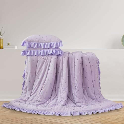 Image of A Nice Night Delicate Bows Print On Purple Background Bedding Set,Ruffle 6 Piece Bed in a Bag Matching Sheet Set,Princess Style Chic Bowknot Printed,Twin