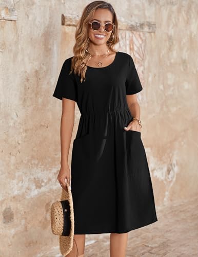 Zeagoo Cotton Linen Shirt Dress Beach Dresses for Women Summer A-Line Swing Dress Solid Color Dress Holiday Sun Dress with Pockets,Black,M - Image 3