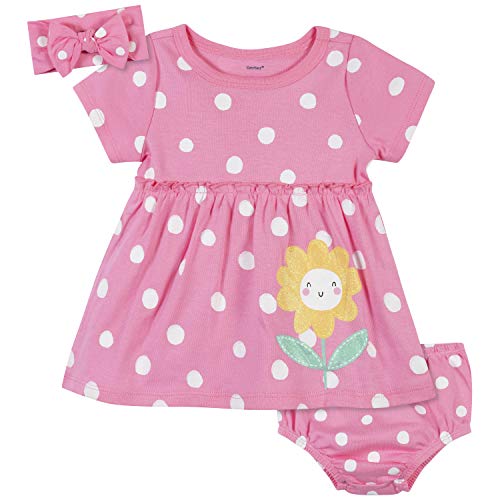 Gerber Baby Girls' 3-Piece Dress, Diaper Cover and Headband Set, Pink Sunflower, 3-6 Months