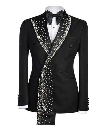 Men's Black Blazer with Rhinestone Embellished Lapel, Single Breasted, One Button, Dual Vent