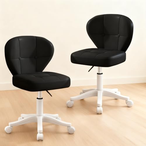 Image of Small Office Chair with Lumbar Support, PU Leather Armless Swivel Desk Chair Adjustable Height, Compact Rolling Chair for Home Office, Bedroom, Study Black Set of 2