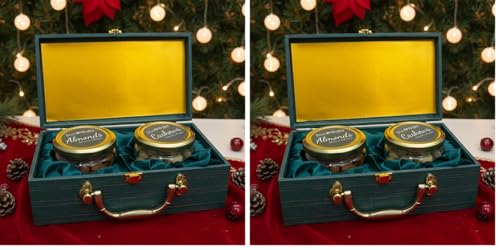 Image of Purevida Premium Dry Fruits Gift Box - 300g (Almonds 150g + Cashews 150g) | Christmas & New Year Gift Hamper | Elegant Green Box with Glass Jars | Healthy Festive & Corporate Gifting (Pack of 2)
