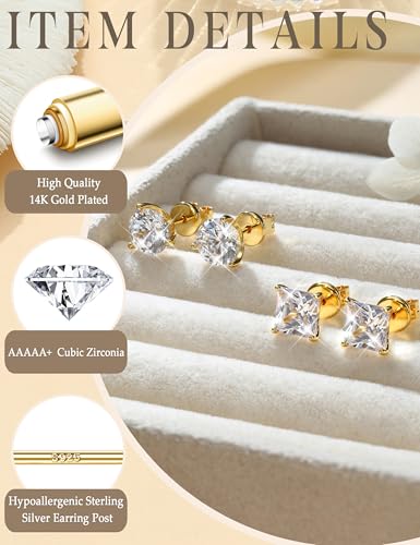 2 Pairs "STUNNING FLAME" 925 Sterling Silver 14K Real Gold Plated Stud Earrings for Women Men 5A Brilliant Princess Cut Round Cubic Zirconia - Hypoallergenic Large CZ Studs Earring Set 8 CTW (2ct*4)4