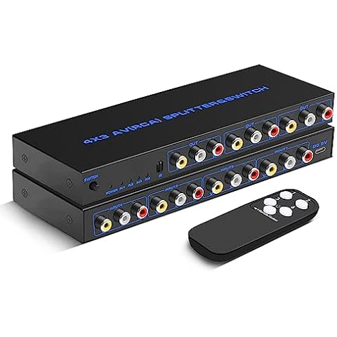 RCA Switch Box 4 in 3 Out: 4 Way AV Splitter 3 Output with Remote Control for Audio Video Distribution, RCA Splitter Switcher Composite Video L/R Audio Selector Box for DVD STB Game Consoles Cover