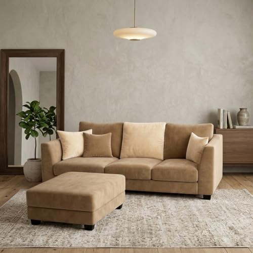 Image of SOCOZI Trevano 4 Seater L Shape Sofa Set with Movable Ottoman | Flexible Left or Right Layout | Soft Velvet Suede Fabric | Modern Design | Plush Comfort Cushions for Living Room (Beige-Cream)