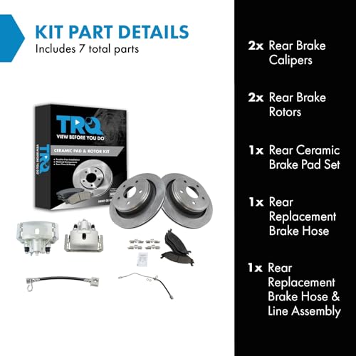 Image of TRQ Rear Brake Pad, Caliper, Hose, & Rotor Kit Ceramic Compatible with 2002-2004 Dodge Ram 1500