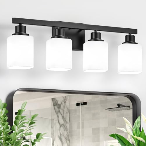Image of 4-Light Bathroom Vanity Light, Modern Matte Black Bathroom Light Fixtures with Square Frosted Glass, Wall Sconces fixtures Over Mirror Restroom,Living Room Hallway E26