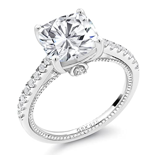 Gem Stone King 5.27 Cttw White Moissanite and White Created Sapphire Engagement Ring For Women | 925 Sterling Silver | Cushion 10MM | Available In Size 5, 6, 7, 8, 92