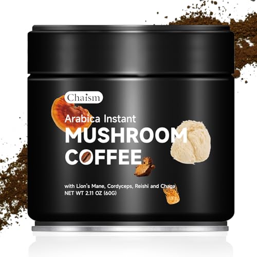 Chaism Instant Mushroom Coffee - 100% Arabica Bean with Lion's Mane, Cordyceps Militaris, Chaga, Reishi Extract, Energy Focus Clarity Immune System Boost (2.11oz)