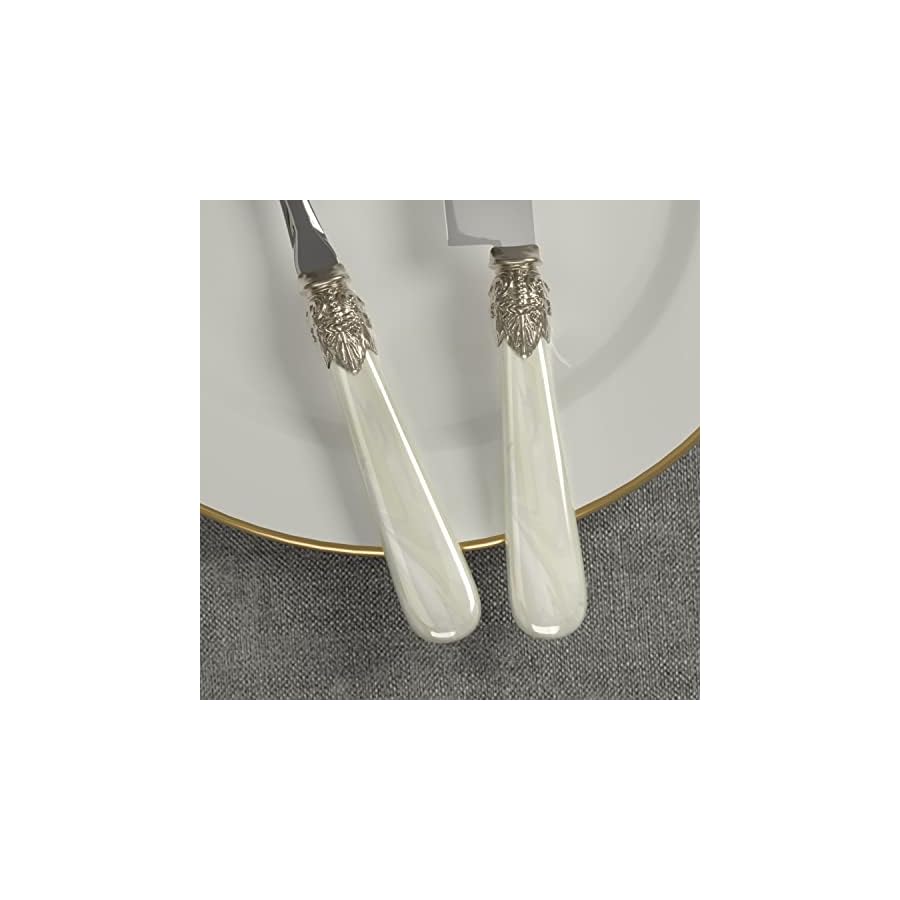 CATHYLIN Wedding Cake Knife and Serve Set, Fancy Hand Craft Italian Style Design, White Pearl Pie Knife Server Set, Vintage Silverware,Cake Cutter Set, Cake Knife Gift Set, 2 pcs