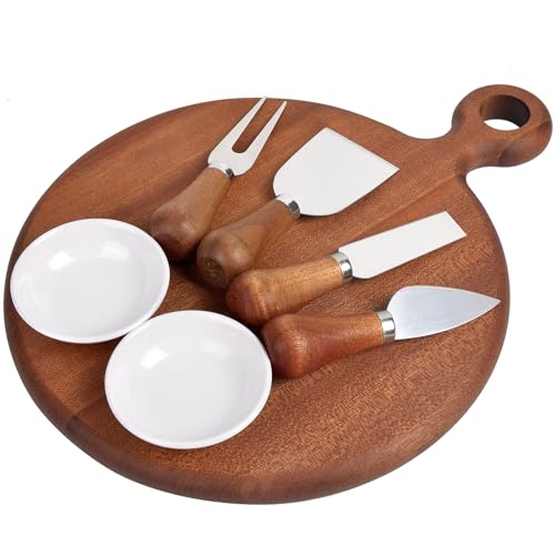 ChezMax 7Pcs Cheese Board Set, Wood Cutting Board with Handle and Cheese Knives Bowls, Round Wooden Charcuterie Platter Serving Tray Paddle for Meat Bread Fruits, Chopping Block Housewarming Gift Set