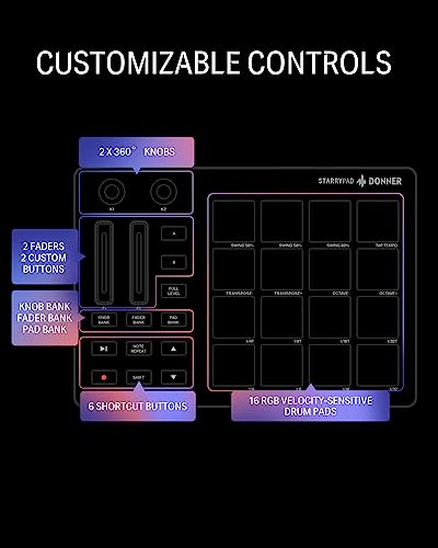 Donner MIDI Pad Beat Maker Machine Professional, Drum Machine with 16 Beat Pads, 2 Assignable Fader & Knobs and Music Production Software, USB MIDI Controller with 40 Courses, STARRYPAD - image 8