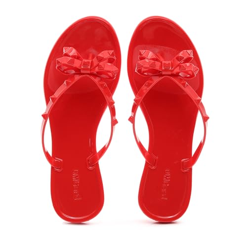 Image of Studded Jelly Shoes for Womens Bow Flip Flops Jellies Sandals Flat Black Summer Beach Thong with Rivets Strappy Slides Slip On