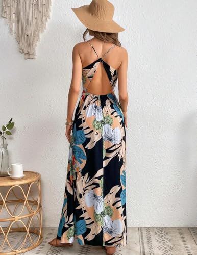 JENJON Robe Longue Femme Été Bretelles Imprimé Boheme Élegante Maxi Deep V Neck Robe de Plage Cocktail Chic Noir XXL – vue 2