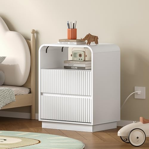 Image of BORNOON Dresser with 2 Drawers and Charging Station, Fluted Bedside Table with Round Curved Corner, Hidden Handles, 2 AC Outlets and 2 USB Ports, Modern Wood End Table with Open Shelf for Bedroom