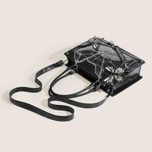 Butterfly Handbag, Large Capacity Square Handbag, Gothic Spider Web Black Series Leather Bag3