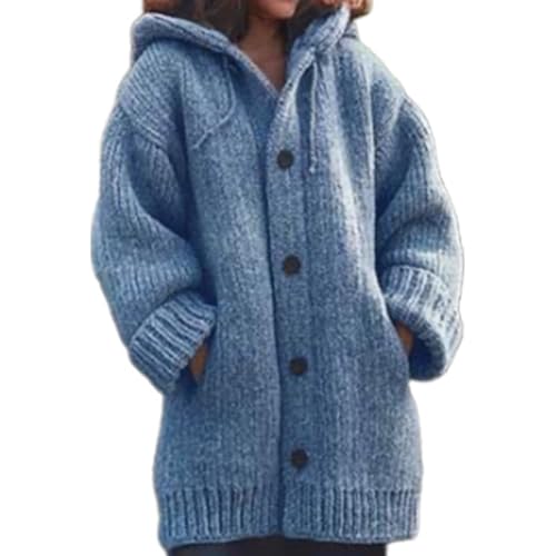 Women's Winter Knitted Thick Cardigan Hoodie Sweater Coat Drawstring Long Sleeve Buttons Down Warm Coat with Pocket