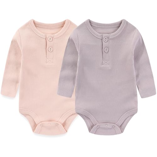 Image of Ruliby Baby Girls' Long-Sleeve Bodysuit Soft Stretchy Ribbed Unisex Baby Clothes, Pack of 2