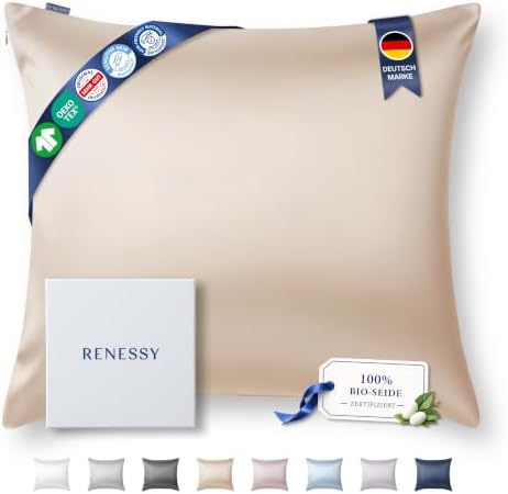 RENESSY Kissenbezug aus 100% Bio-Seide 80x80 cm - 22 Momme Maulbeerseide, Güteklasse 6A, Oeko-Tex zert. in Deutschland - Luxus für Haar und Haut, 1 Stück (Champagner)