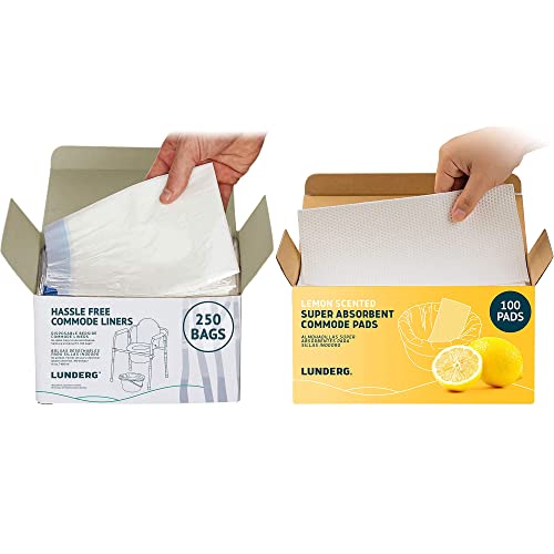 250 Commode Liners + 100 Lemon Scented Super Absorbent Pads - Universal Fit Disposable Bedside Commode Liners with Pads for Adult Commode Chairs or Portable Toilets