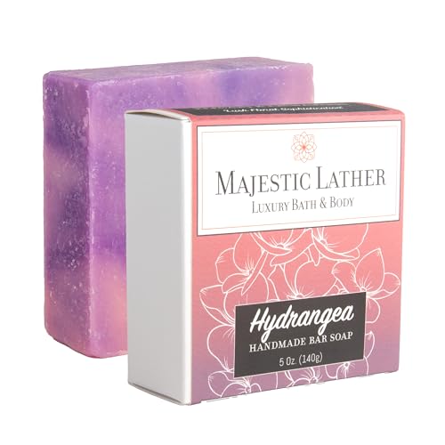 Majestic Lather Hydrangea Luxury Handmade Bar Soap for Face & Body. Gentle Cleansing, Moisturizing & Nourishing - Shea Butter & Natural Oils. Cold Process. For All Skin Types.5.0 Oz.