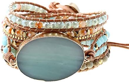 Plumiss Handmade Leather Wrap Natural Amazonite Druzy Bead Crystal Stone Bracelets for Women