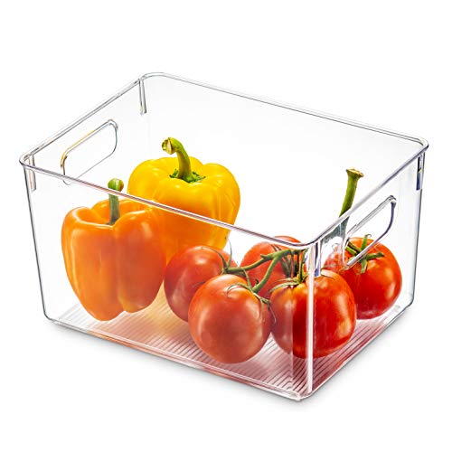 Seseno Jheppbay Set Of 4 Clear Pantry Organizer Bins Household Plastic Food Storage Basket with Cutout Handles for Kitchen, Countertops, Cabinets, Refrigerator, Freezer, Bedrooms, Bathrooms - 11" Wide